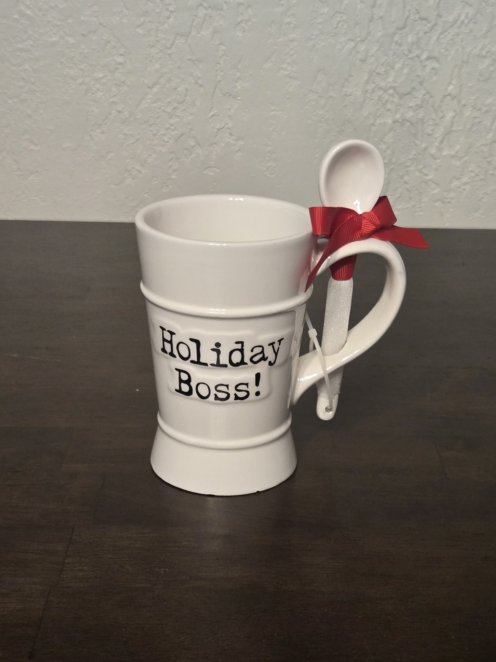 Holiday Time White Ceramic 'Holiday Boss' Mug with Red Ribbon Spoon